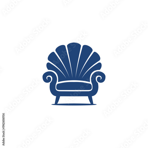 Elegant blue armchair silhouette with decorative curved arms and fan shaped backrest isolated on white background
