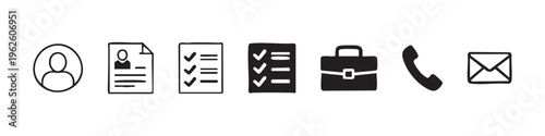 Set of hand-drawn business and recruitment icons. Doodle style icons for job search, contact info, resume, briefcase, phone, and email. Vector illustration isolated on white background.