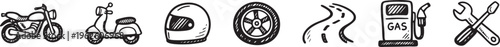 Set of hand-drawn motorcycle and transportation icons including scooter, helmet, wheel, road, gas station, and tools. Vector doodle illustration for biking and road trip themes.