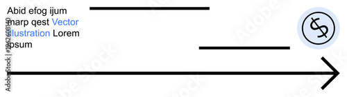 Finance, growth, economics, directional focus, money management, business strategy. Black arrow pointing right with circular dollar icon at end. Finance and growth concept