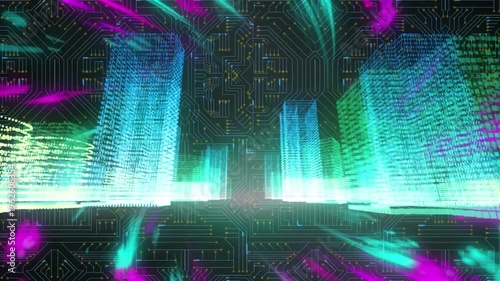 Animation of digital screen with metaverse city, lights and integrated circuit
