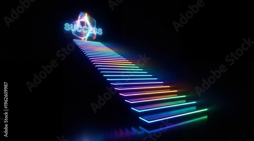 Illuminated Stairway to Success: A vibrant neon stairway ascends towards the word Success, symbolizing aspiration, ambition, and the journey to achieve goals. Capturing innovation and future-oriented