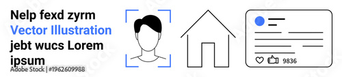 Identity verification, user profile, social media engagement, home network, online communication, personalization. Human face outline, house icon and social profile template. Identity verification