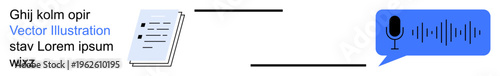 Speech recognition, transcription services, audio conversion, digital documentation, communication tools, voice technology. Document connects to speech bubble with microphone symbol and audio waves