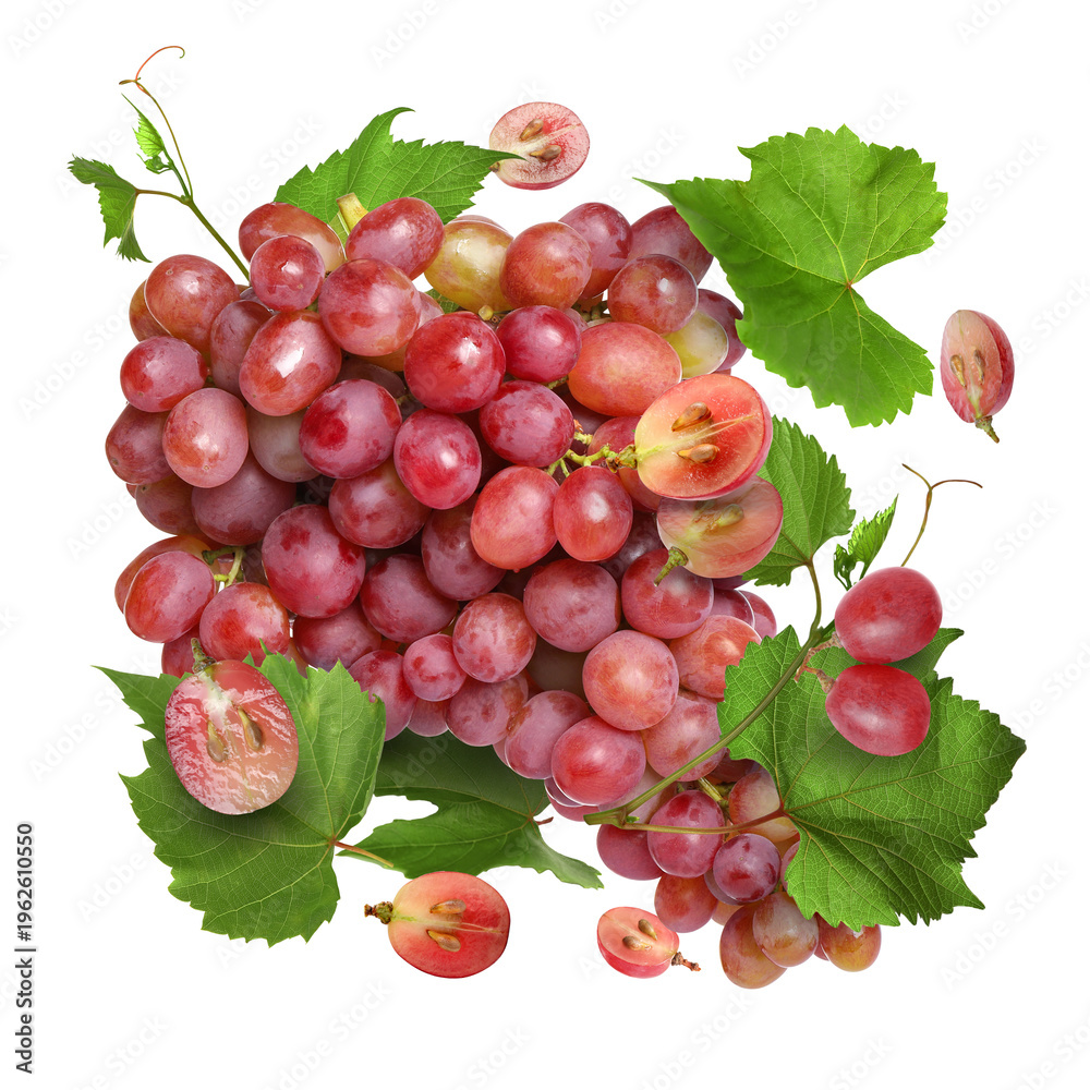 Obraz premium Fresh juicy grapes and green leaves in air on white background