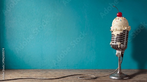Vintage microphone with melting ice cream scoop and cherry on blue background