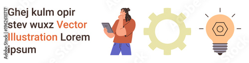 Innovation, problem-solving, technology, creativity, process management, brainstorming. A person holding a tablet, gear and light bulb icons. Innovation and problem-solving illustrated in