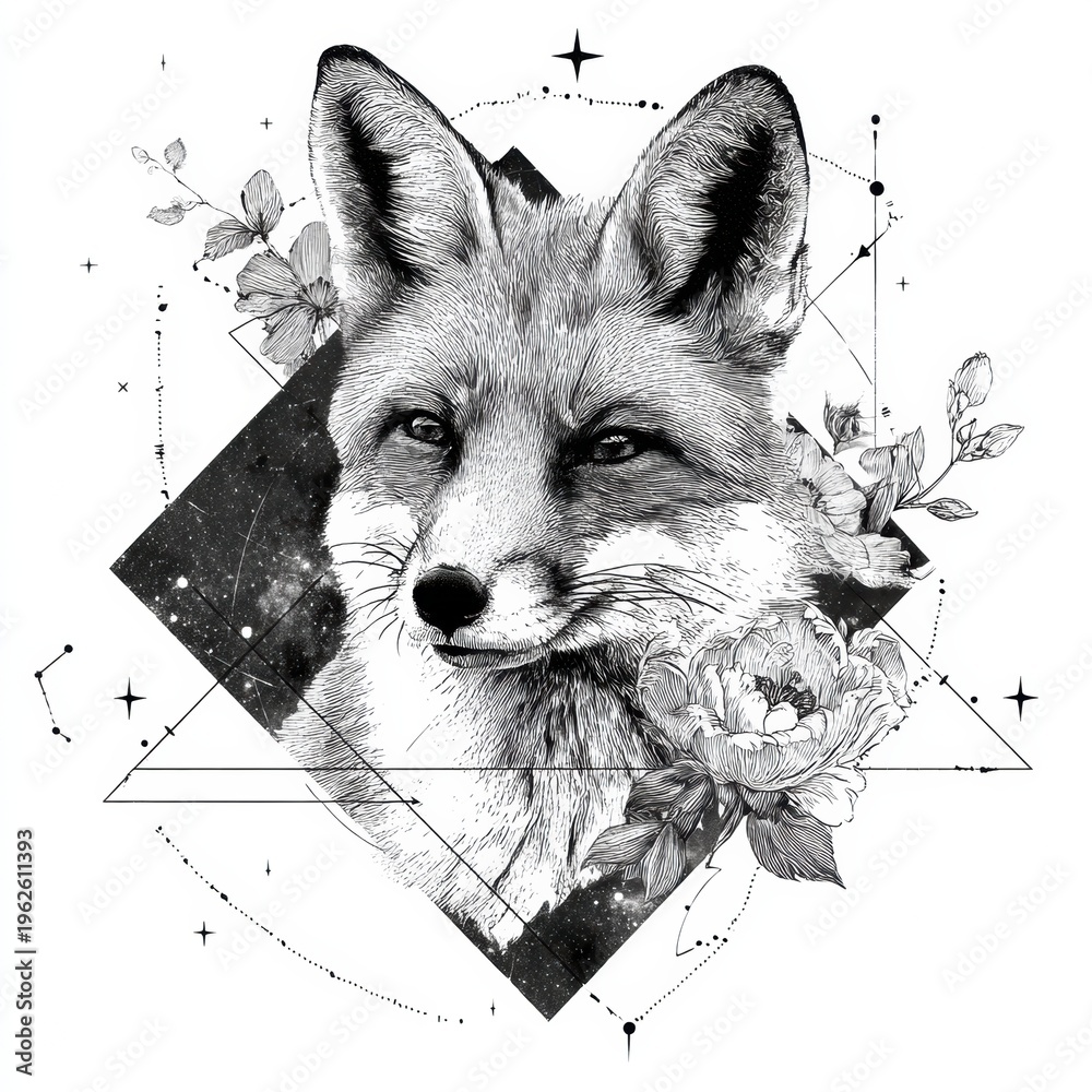 Fototapeta premium Detailed Hand-Drawn Doodle Illustration of a Fox With Floral Elements and Geometric Patterns in Black Ink on White Background