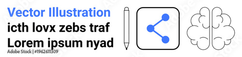 Communication, creativity, brainstorming, social media, design tools, and innovation. Sharing icon, brain outline and pen symbol in a conceptual design. Communication and creativity