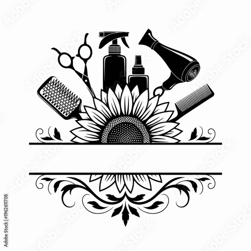 A monochrome design features a sunflower surrounded by various hairdressing tools.