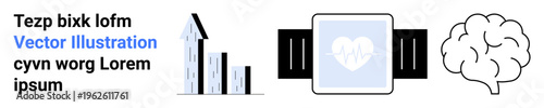 Health tracking, technology integration, data visualization, brain science, wearable devices, healthcare innovation. Bar graph, smartwatch with heart symbol brain outline. Health tracking