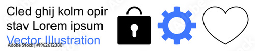 Security services, technical systems, user interface design, digital relationships, love and connection. Black lock, blue gear, and heart outline on white background. Security and technical systems