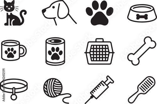 pet pictogram grid cat dog paw bowl carrier collar yarn brush