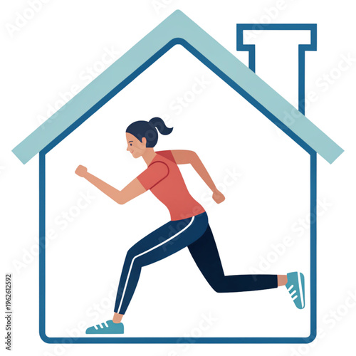 A fit young woman running inside the outline of house Vector, illustration