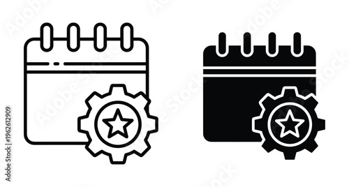 Calendar icon with gear and star symbol for event planning schedule management appointment reminder task organization business productivity time tracking