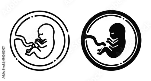 Human fetus in womb icon set representing pregnancy development prenatal care embryo growth umbilical cord medical illustration for maternity health