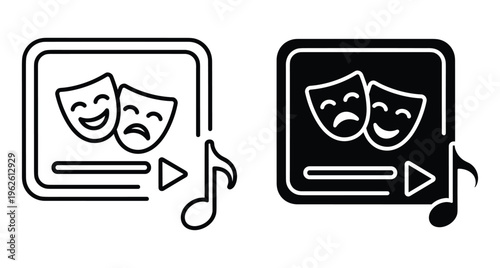 Theater and drama video player icons with comedy tragedy masks and musical note for streaming performance arts and musical theater content
