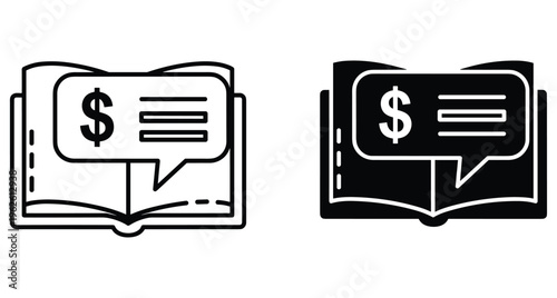 Open book with dollar sign speech bubble icon set for financial education accounting business budget planning money management and investment