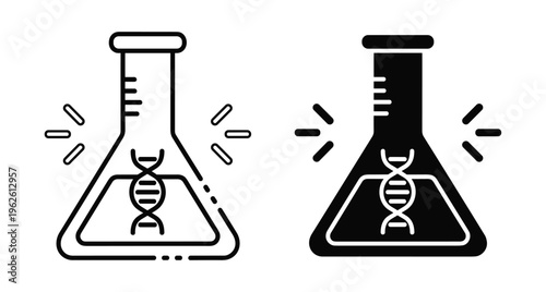 Laboratory flask with DNA helix icon set representing biotechnology genetic research science experiment medical testing biochemistry engineering and molecular biology
