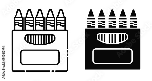 Crayon box icon set featuring line and solid styles for school supplies art education drawing tools coloring materials and stationery