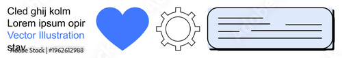 Business management, workflow, love, processes, technology, data management. Blue heart, gear symbol and text box layout. Business management and workflow concept