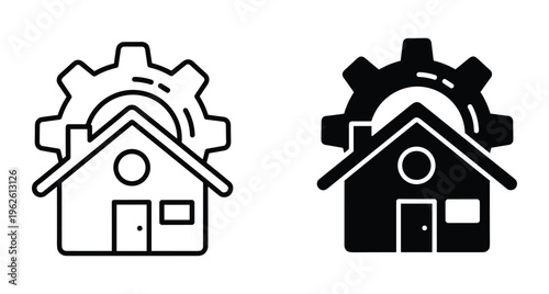 House icon with gear cogwheel representing home maintenance repair construction renovation property management engineering smart home automation building services technical support
