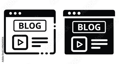 Blog website interface icons set with video player button and text content layout for digital marketing and online content creation