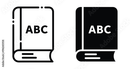 ABC book icon set featuring outline and solid glyph styles for education learning alphabet school library reading study and literacy