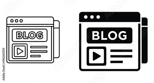 Blog website interface icons showing browser window with video player and article text layout in outline and solid black styles