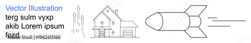 Innovation, progress, growth, technology, real estate, science. A rocket launching beside a house and rising graph line. Innovation and progress concepts creatively