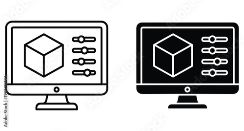 Computer monitor displaying 3D cube modeling software with adjustment sliders for graphic design engineering and digital art creation tools
