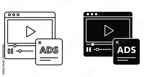 Video player interface with popup advertisement window showing ads text in outline and solid glyph style for digital marketing