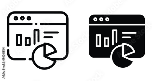 Web browser window displaying data analytics dashboard with bar graphs and pie chart icons in outline and solid styles