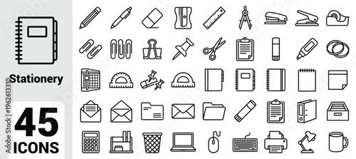 Stationery icon set featuring pencils, pens, erasers, rulers, sharpeners, compasses, staplers, tape dispensers, notebooks, calculators, laptops, and essential office school supplies