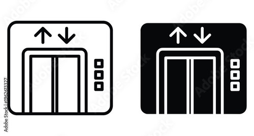 Elevator lift doors icon set with up and down arrows and control buttons for building navigation and floor access