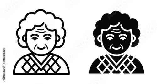 Elderly woman grandmother senior citizen female avatar icon set in line and solid glyph style for web and mobile app