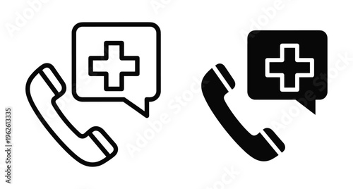 Medical emergency call icon set featuring telephone handset and speech bubble with cross symbol for healthcare support medical emergency call icon set
