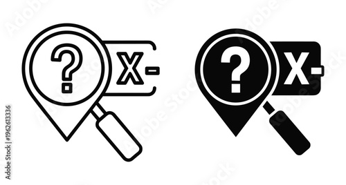 Magnifying glass searching map pin with question mark and cross symbol for unknown location error navigation interface web design elements