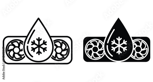 Graphics card liquid cooling system icon set with fans snowflake and water drop symbols for computer hardware thermal management technology