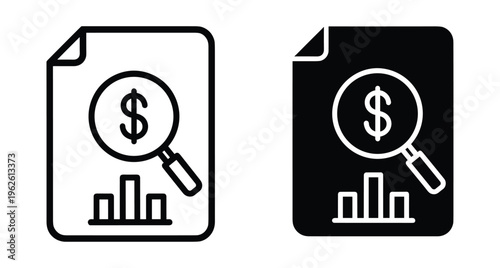 Financial audit report icon set featuring document with magnifying glass dollar sign and bar chart for business data analysis research
