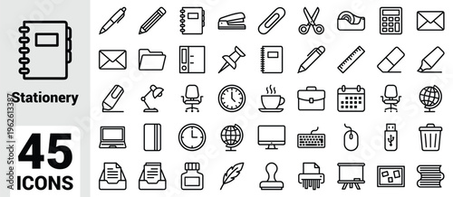 Stationery icon set featuring pencils, pens, erasers, rulers, paperclips, scissors, notebooks, folders, calculators, globes, printers, and essential office school supplies