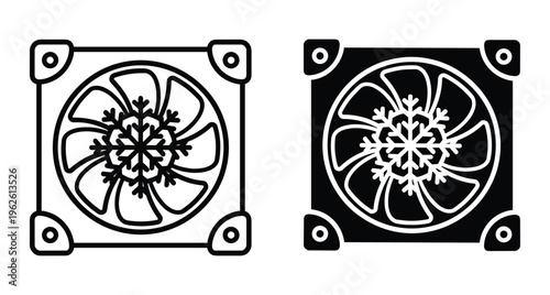 Computer cooling fan icon set with snowflake symbol representing PC hardware thermal management system for desktop server and gaming workstation
