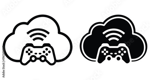 Cloud gaming icon set featuring gamepad controller with wireless signal and cloud storage for online streaming and digital video games