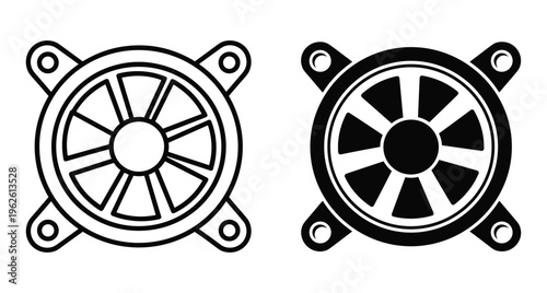 Computer cooling fan icon set with outline and solid black versions for hardware cooling system ventilation and airflow technology components