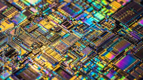Intricate Circuit Board: A detailed close-up of a high-tech circuit board. revealing a mesmerizing pattern of microchips and electronic components.