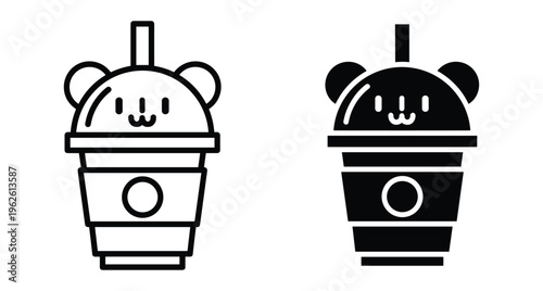 Cute bear shaped lid takeaway cup icons set featuring outline and solid black styles for coffee tea or bubble milk