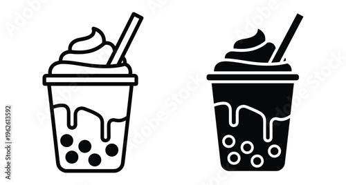 Bubble tea icon set featuring boba pearls whipped cream and straw in outline and solid black styles for cafe menus