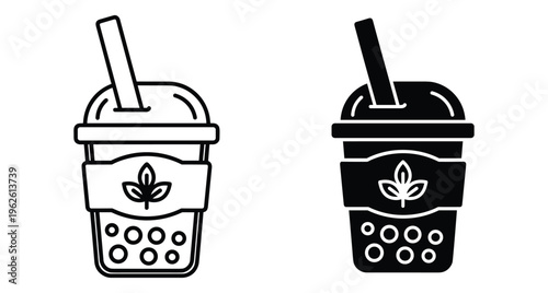 Bubble tea icon set featuring line art and solid black silhouette styles of boba milk tea with straw and pearls for cafe menu design and digital apps