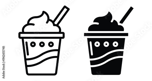 Milkshake smoothie frappe icon set with whipped cream and straw in plastic takeaway cup for cafe menu and food delivery