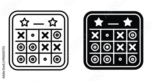 Tic tac toe game grid icon set with cross and circle symbols and stars in outline and solid style for apps